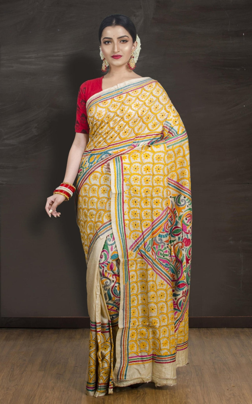 Katha : Silk Mark Pure Tussar Silk Kantha Stitch Saree | Hand Embroidered