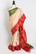 Kavya : Ganga Jamuna Border Gadwal Silk Saree in Beige with Red and Green