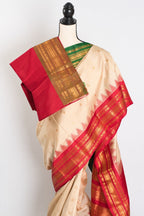 Kavya : Ganga Jamuna Border Gadwal Silk Saree in Beige with Red and Green
