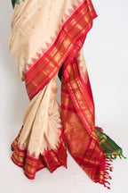 Kavya : Ganga Jamuna Border Gadwal Silk Saree in Beige with Red and Green