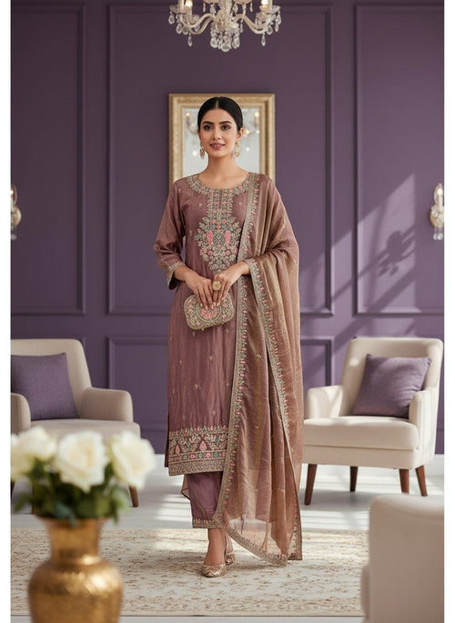 Embroidered Silk Kurti Pant Dupatta Set