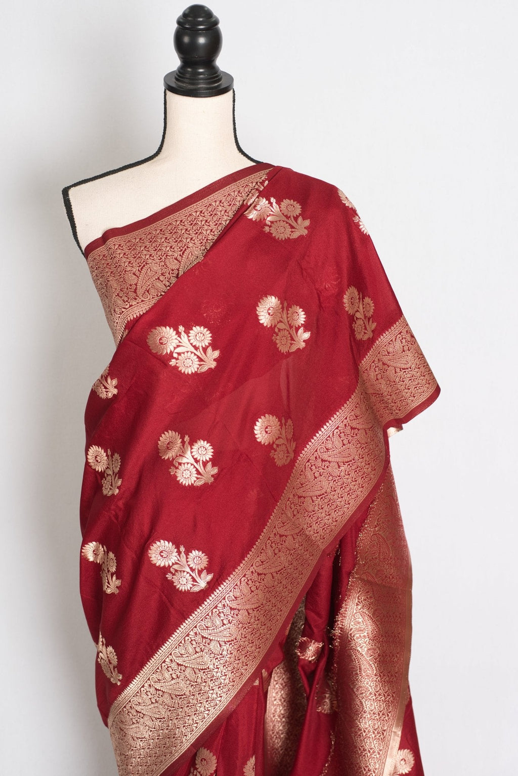 Lakshmi : Dark Red Semi Crepe Banarasi Saree with Water Gold Zari