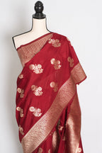 Lakshmi : Dark Red Semi Crepe Banarasi Saree with Water Gold Zari