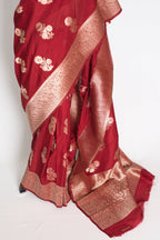 Lakshmi : Dark Red Semi Crepe Banarasi Saree with Water Gold Zari