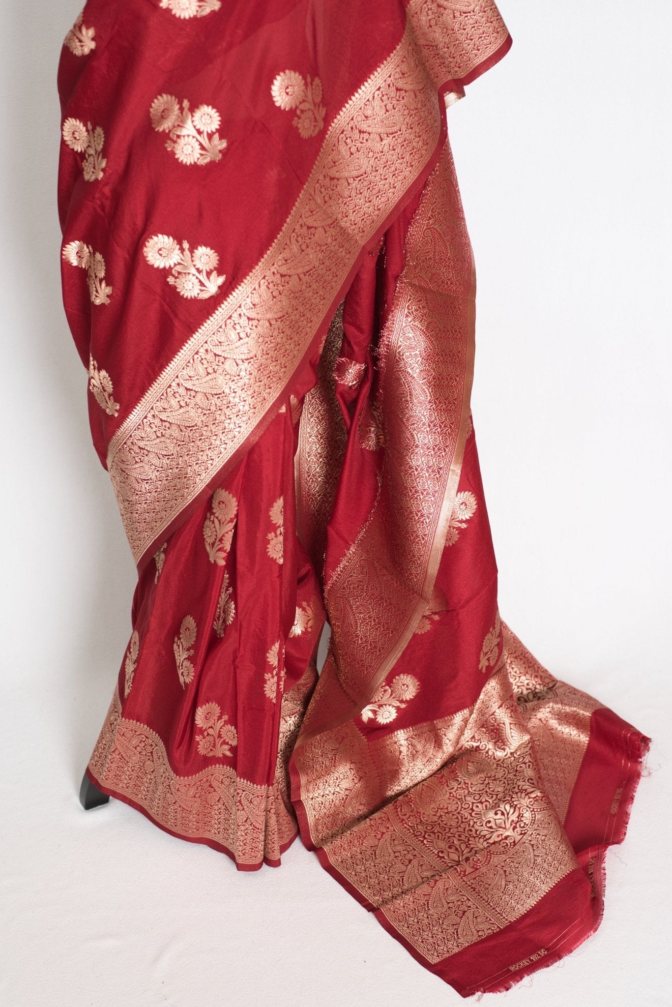 Lakshmi : Dark Red Semi Crepe Banarasi Saree with Water Gold Zari