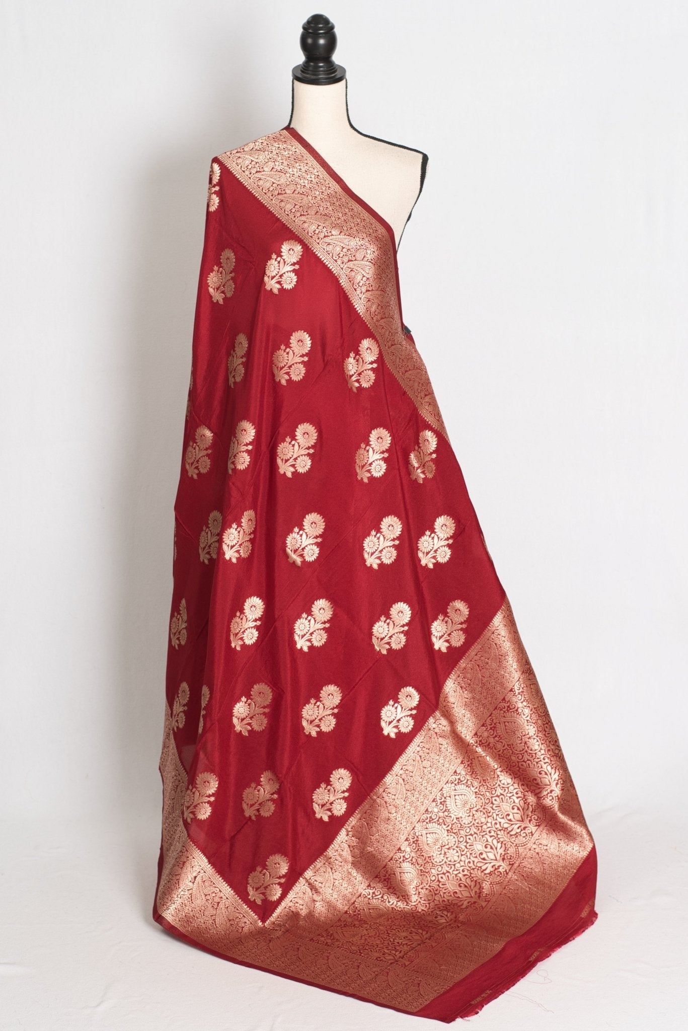Lakshmi : Dark Red Semi Crepe Banarasi Saree with Water Gold Zari