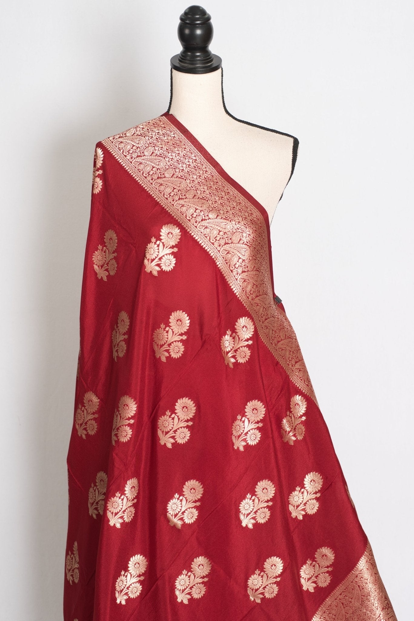 Lakshmi : Dark Red Semi Crepe Banarasi Saree with Water Gold Zari