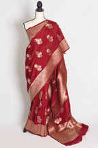 Lakshmi : Dark Red Semi Crepe Banarasi Saree with Water Gold Zari