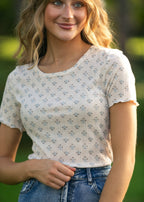 Larza Blue Floral Lettuce Hem Top