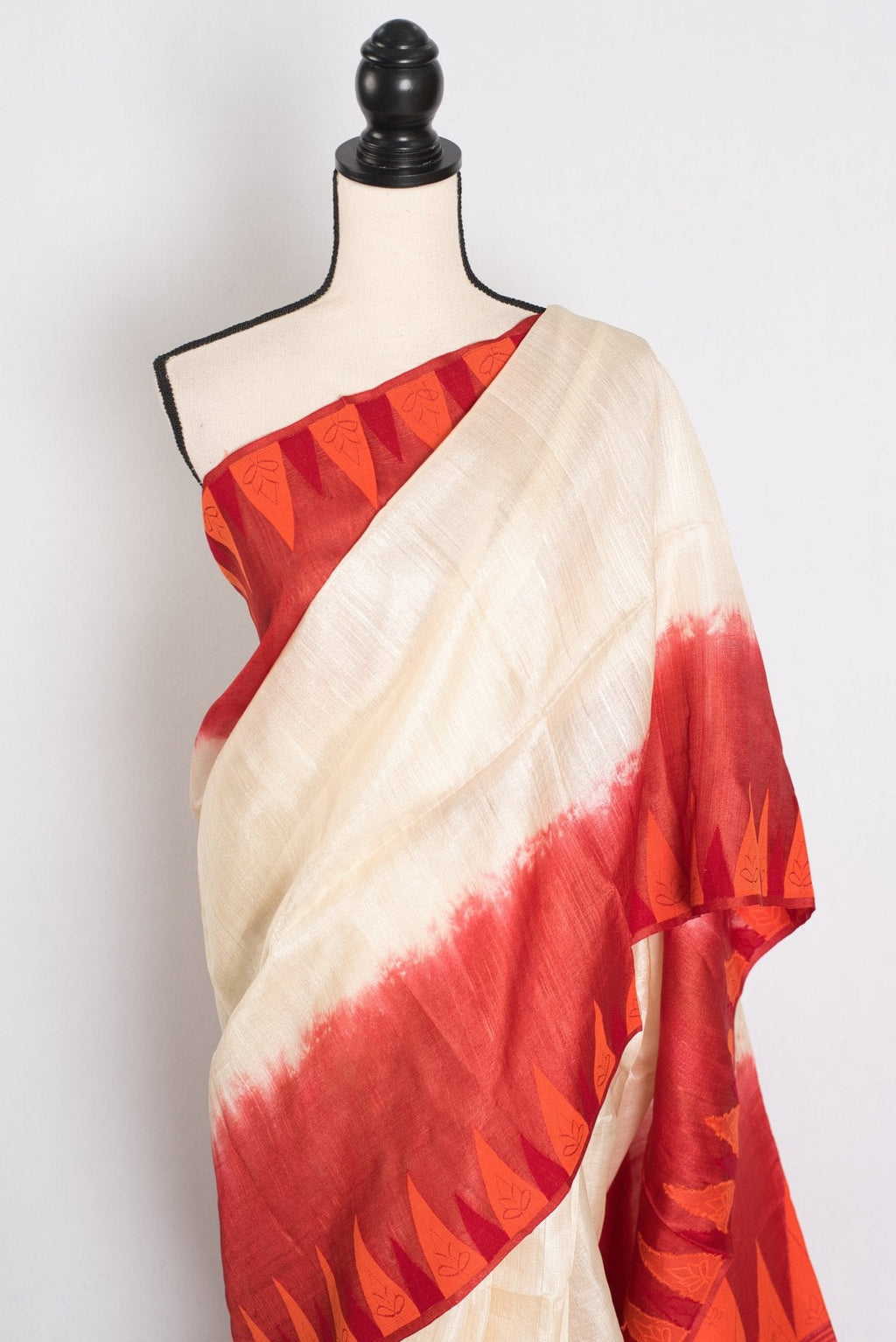 Madhabi: Cream & Red Bengal Tussar Silk Saree | Silk Mark Certified