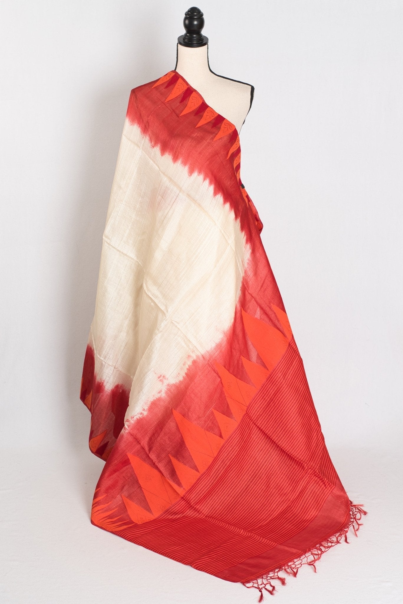 Madhabi: Cream & Red Bengal Tussar Silk Saree | Silk Mark Certified