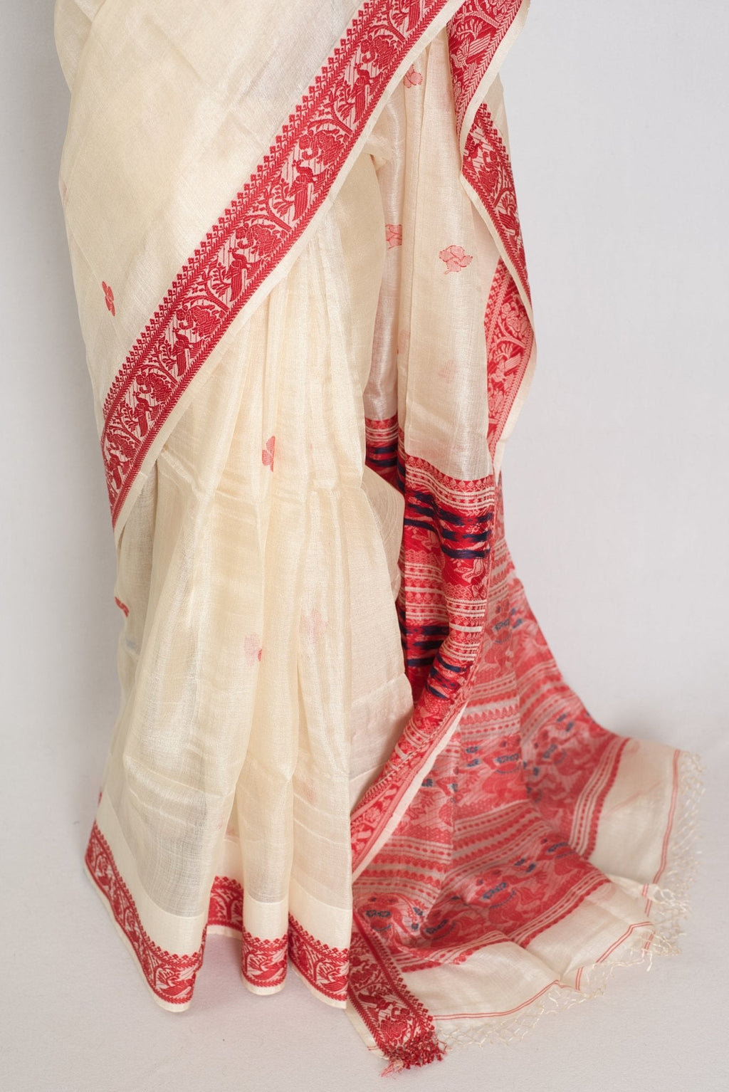 Madhabi : Silk Mark Cream & Red Tussar Silk Saree | Traditional Bengali Look