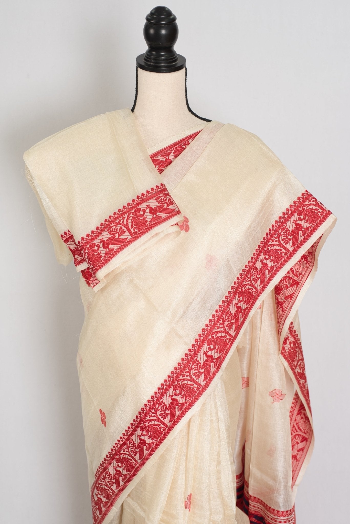 Madhabi : Silk Mark Cream & Red Tussar Silk Saree | Traditional Bengali Look