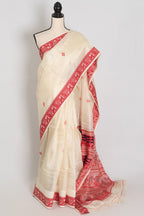 Madhabi : Silk Mark Cream & Red Tussar Silk Saree | Traditional Bengali Look