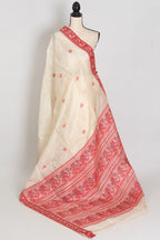 Madhabi : Silk Mark Cream & Red Tussar Silk Saree | Traditional Bengali Look