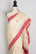 Madhabi : Silk Mark Cream & Red Tussar Silk Saree | Traditional Bengali Look
