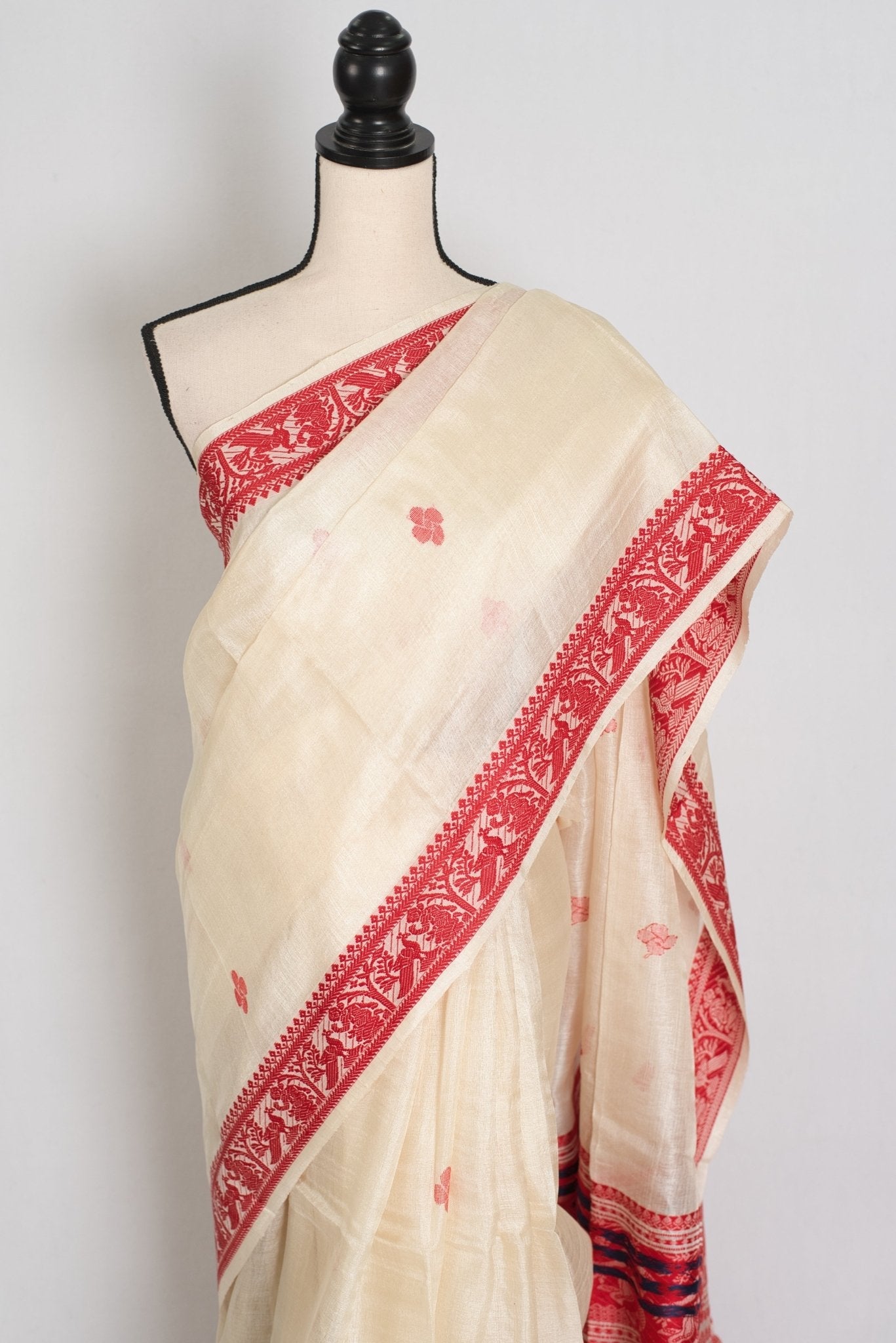 Madhabi : Silk Mark Cream & Red Tussar Silk Saree | Traditional Bengali Look