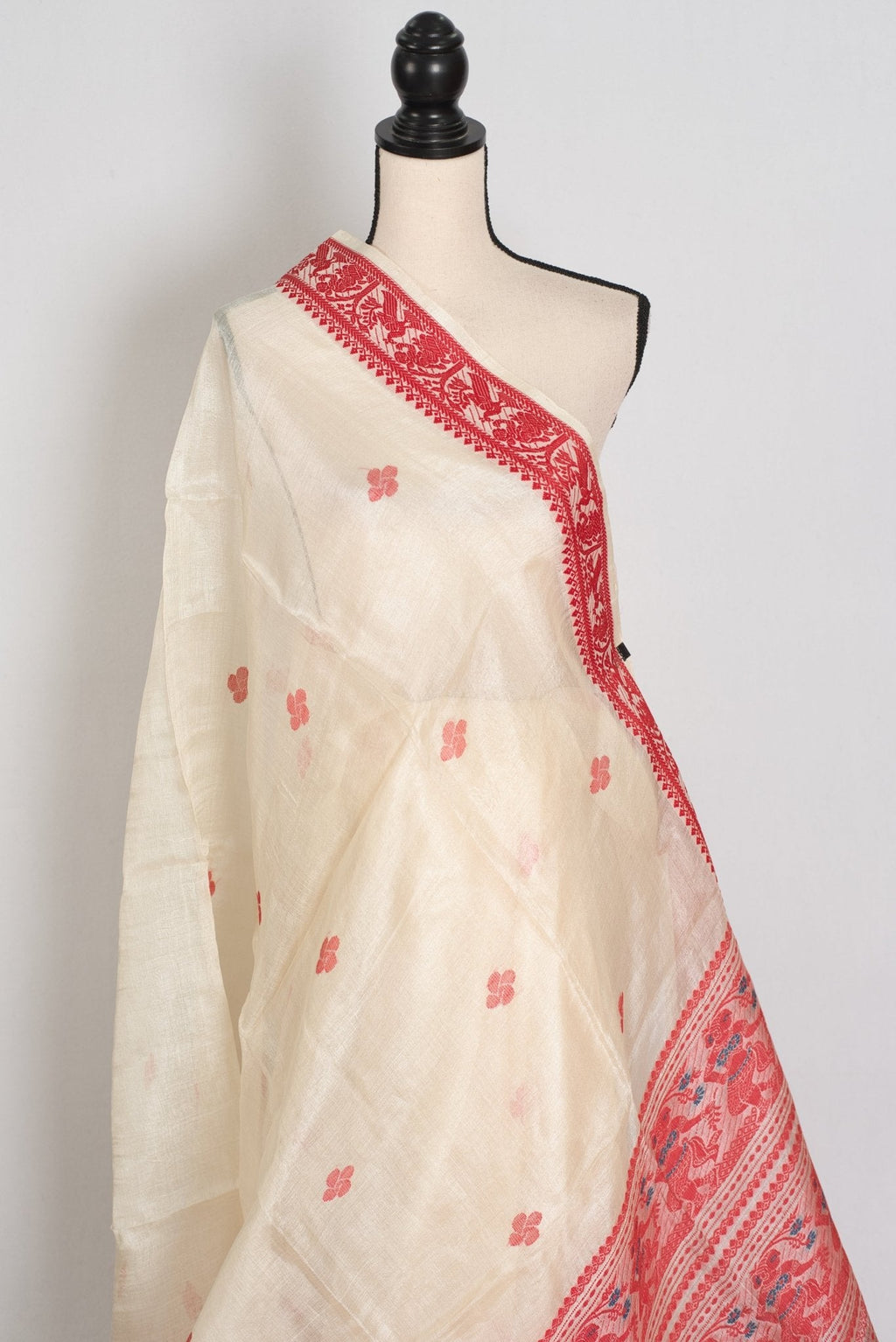 Madhabi : Silk Mark Cream & Red Tussar Silk Saree | Traditional Bengali Look