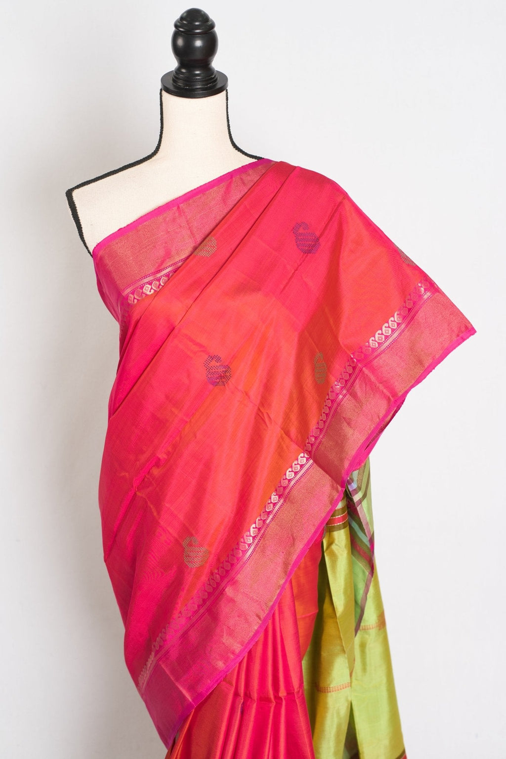 Malini : Bishnupur Katan Silk Saree in Peach Orange and Green