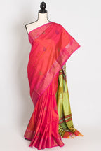 Malini : Bishnupur Katan Silk Saree in Peach Orange and Green