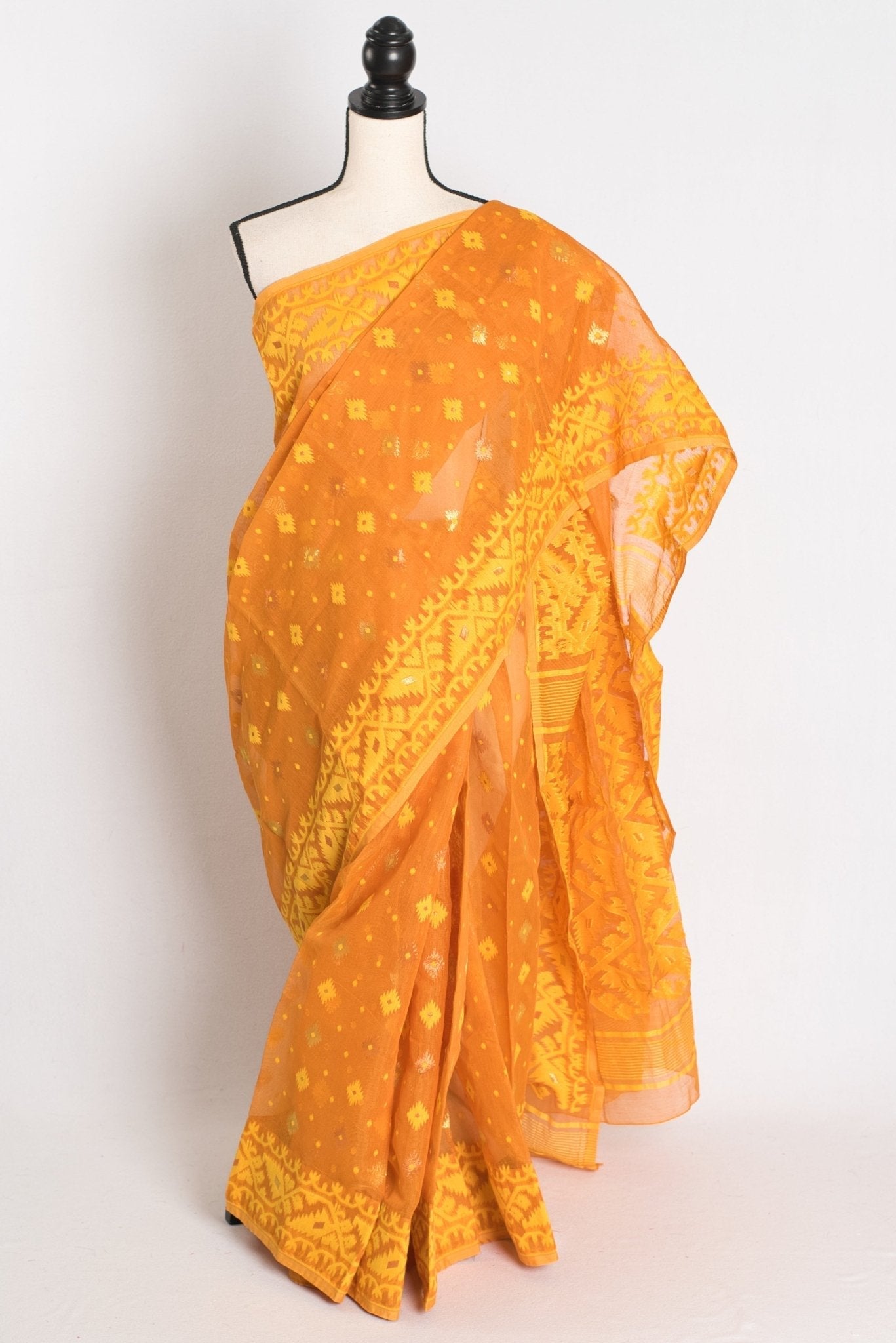 Manasi : Brown and Yellow Blended Soft Cotton Jamdani Bengali Saree