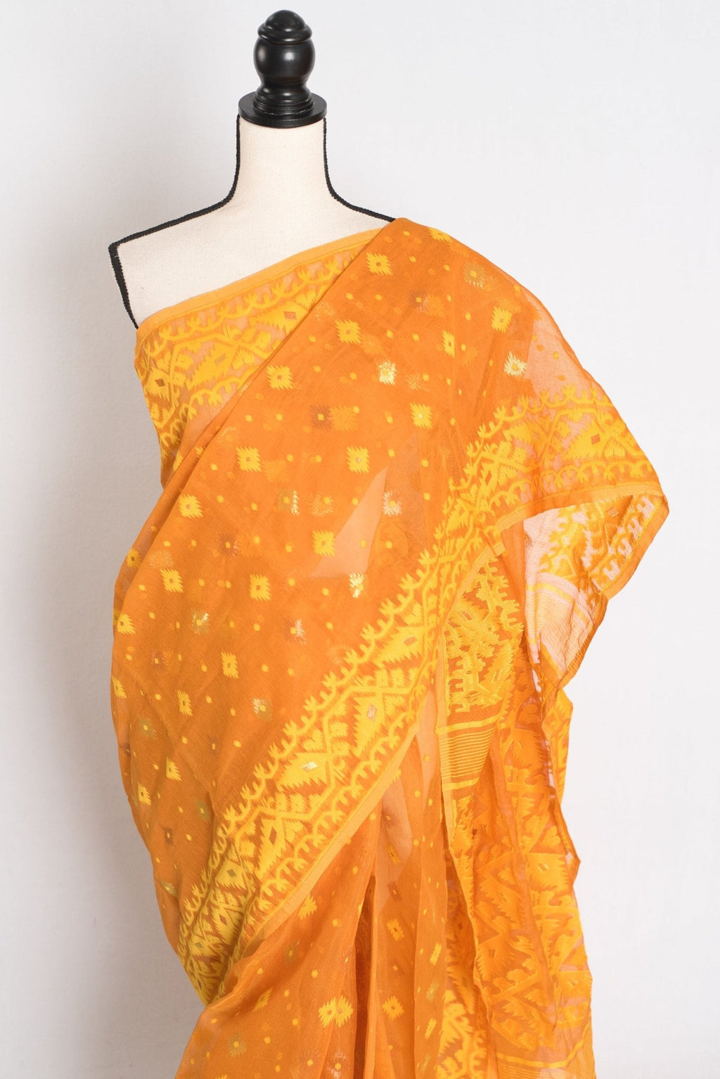 Manasi : Brown and Yellow Blended Soft Cotton Jamdani Bengali Saree