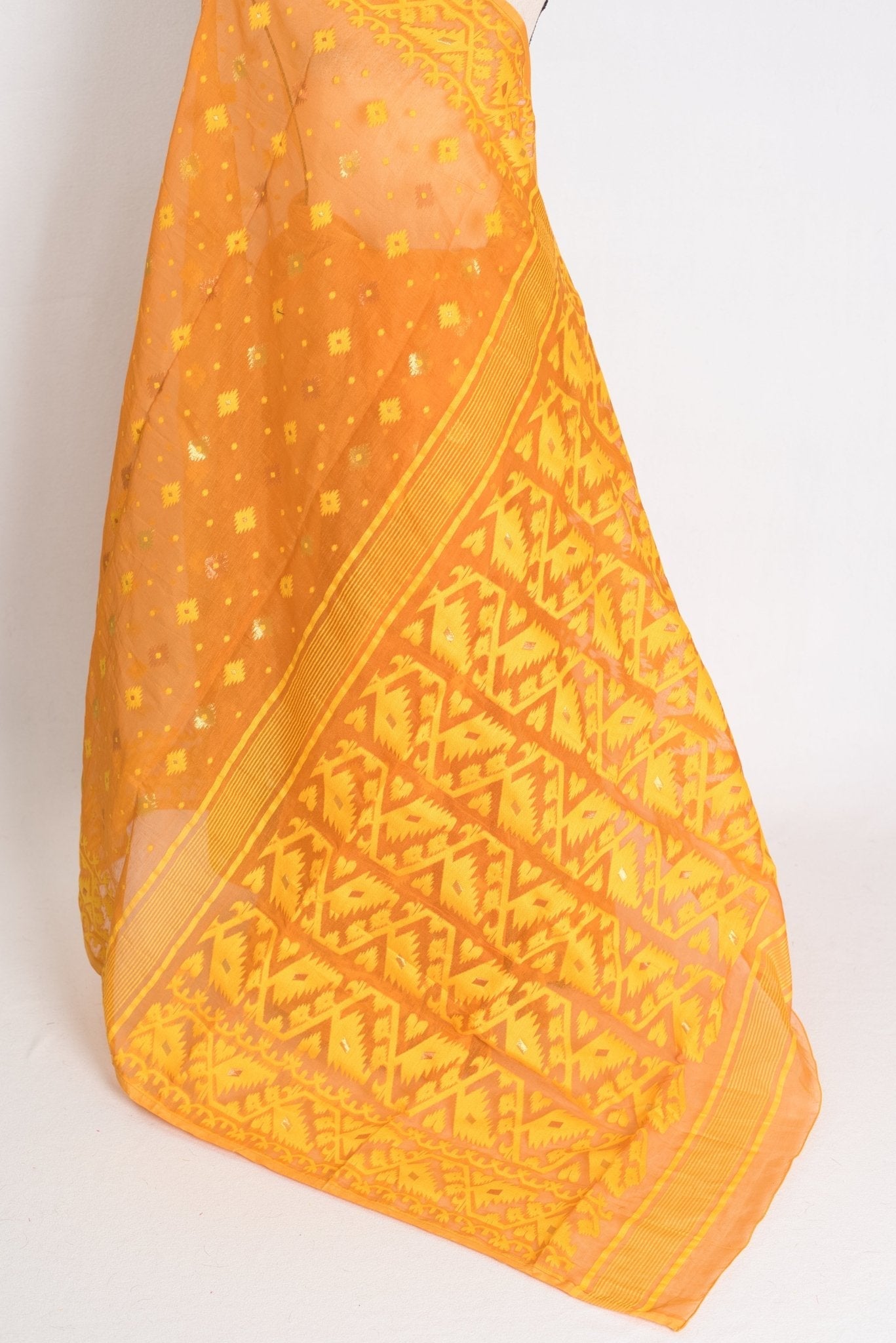 Manasi : Brown and Yellow Blended Soft Cotton Jamdani Bengali Saree