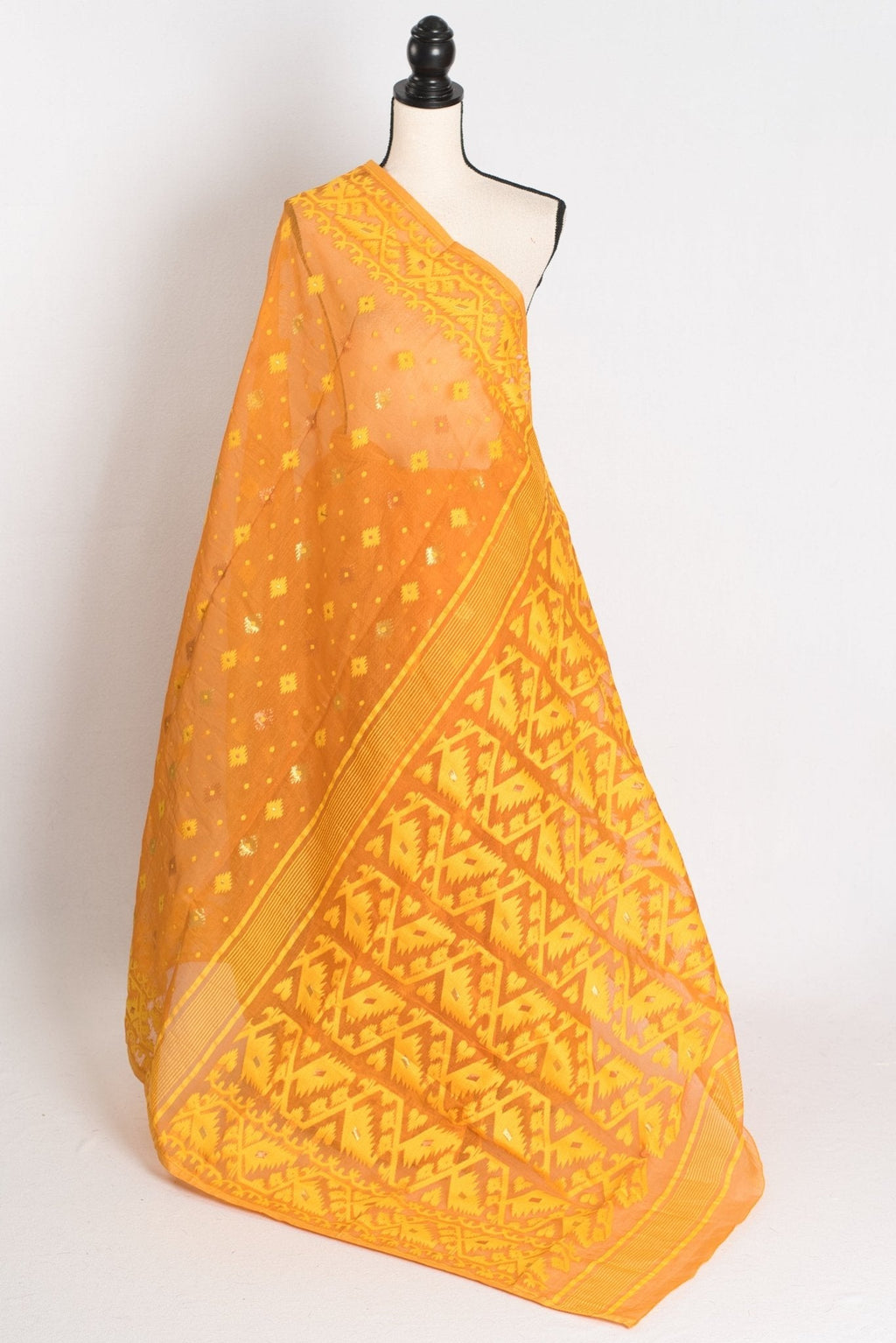 Manasi : Brown and Yellow Blended Soft Cotton Jamdani Bengali Saree