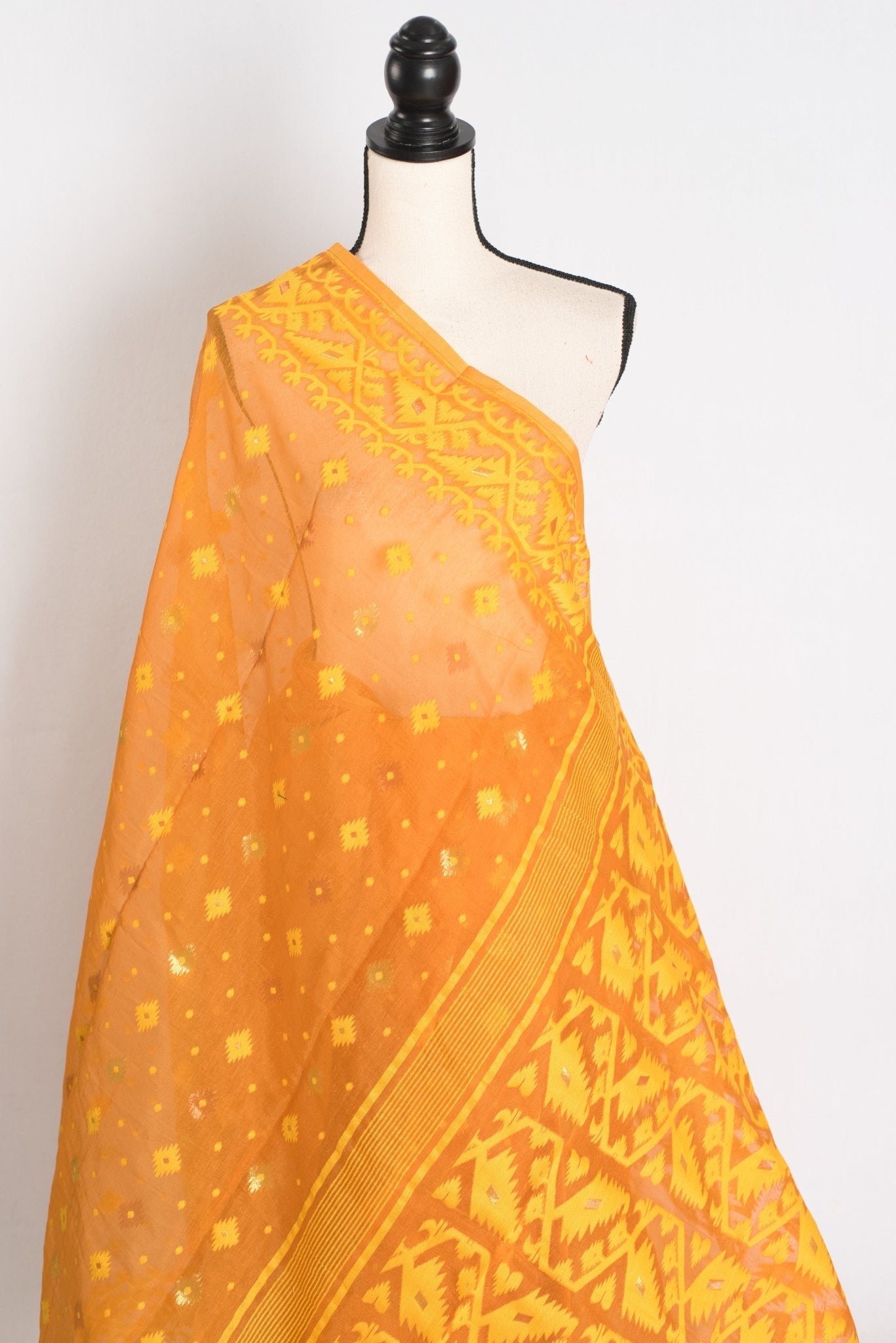 Manasi : Brown and Yellow Blended Soft Cotton Jamdani Bengali Saree