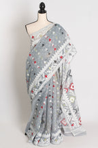 Mandar : Gray Blended Soft Cotton Jamdani Bengali Saree