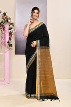 Piyari Fashion Women's Black Embellished Cotton Blend Jamdani Saree