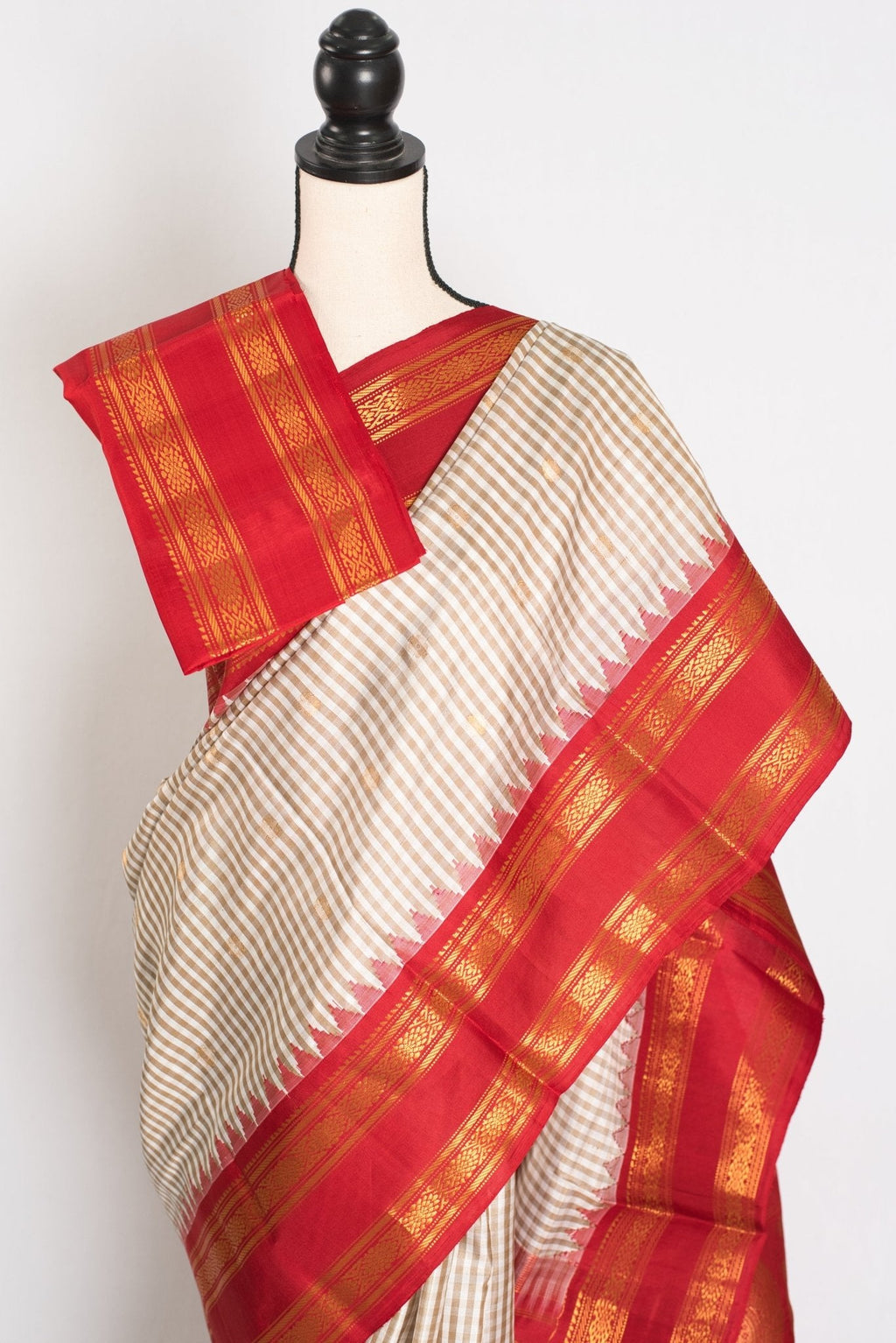 Mira: White and Brown Micro Checks Gadwal Silk Saree with Rich Red Zari Border