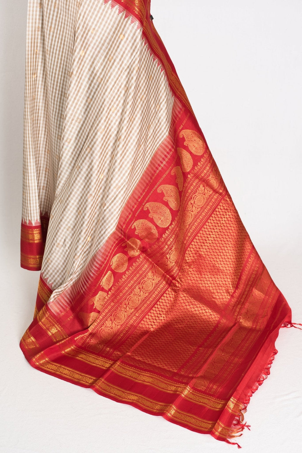 Mira: White and Brown Micro Checks Gadwal Silk Saree with Rich Red Zari Border