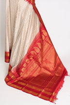 Mira: White and Brown Micro Checks Gadwal Silk Saree with Rich Red Zari Border