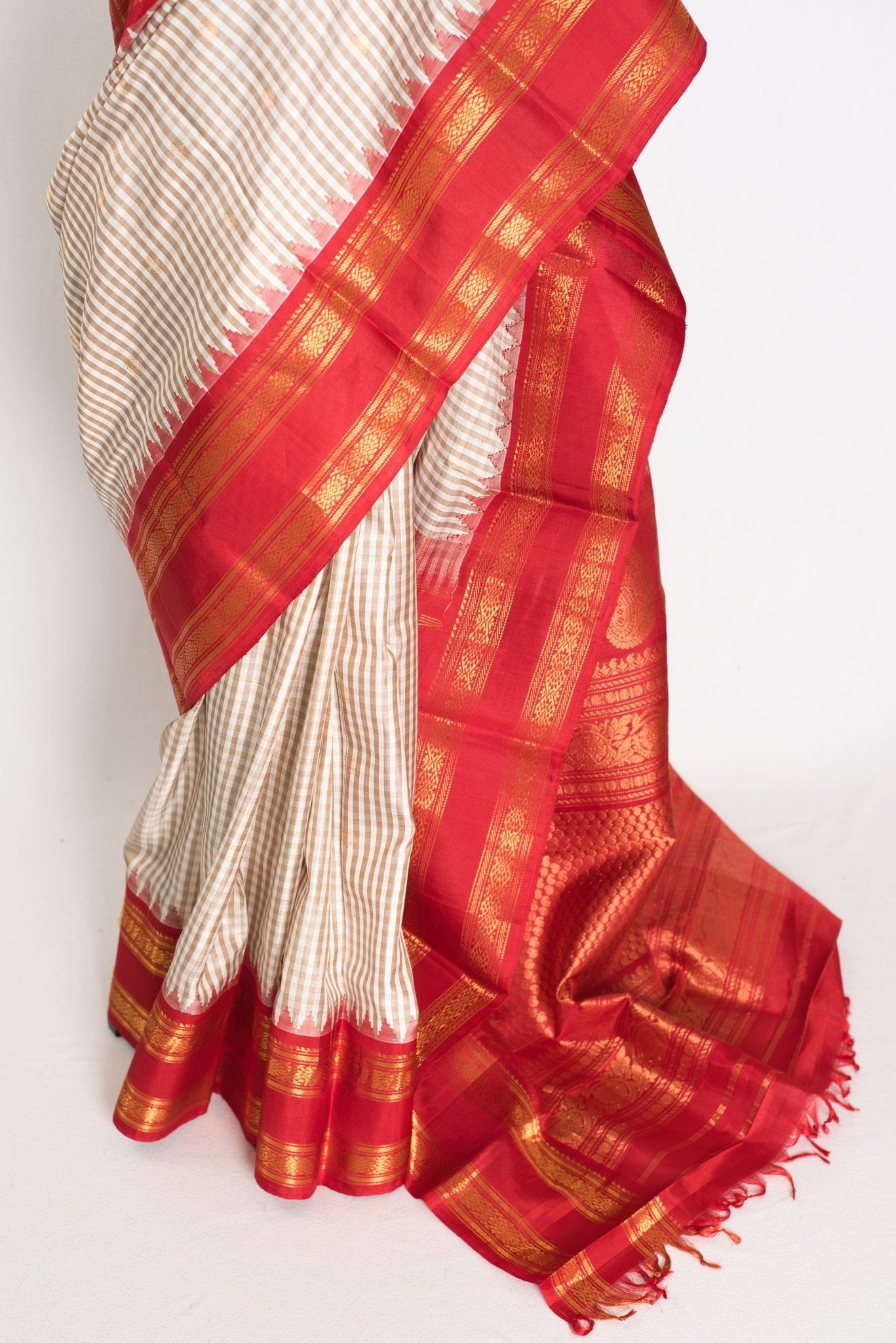 Mira: White and Brown Micro Checks Gadwal Silk Saree with Rich Red Zari Border