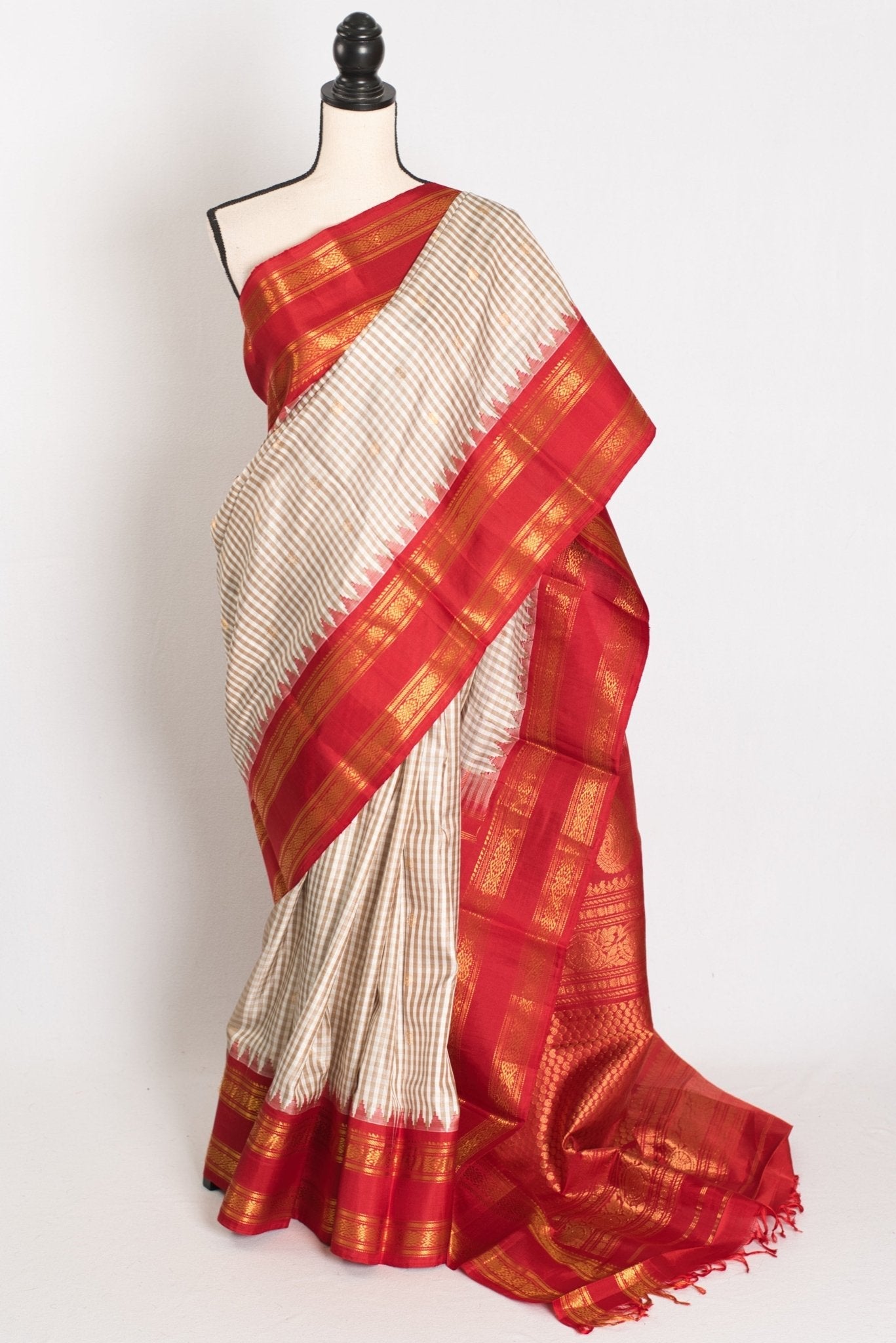 Mira: White and Brown Micro Checks Gadwal Silk Saree with Rich Red Zari Border