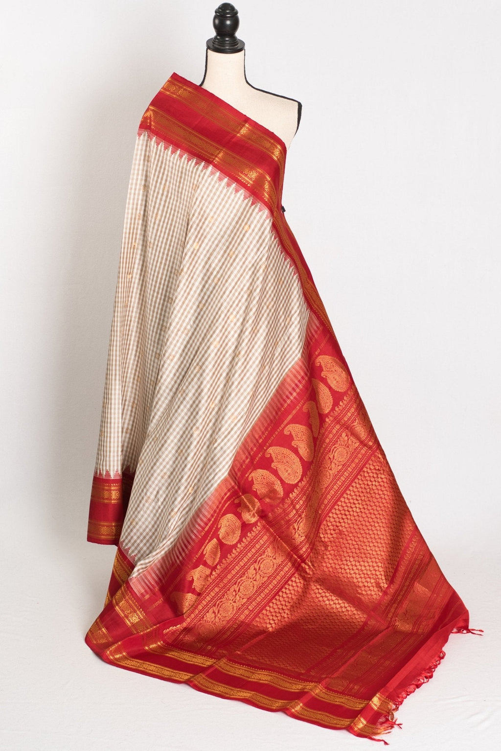 Mira: White and Brown Micro Checks Gadwal Silk Saree with Rich Red Zari Border