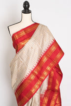 Mira: White and Brown Micro Checks Gadwal Silk Saree with Rich Red Zari Border