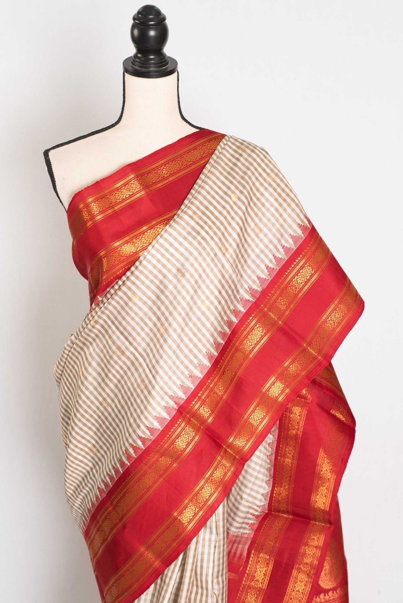Mira: White and Brown Micro Checks Gadwal Silk Saree with Rich Red Zari Border