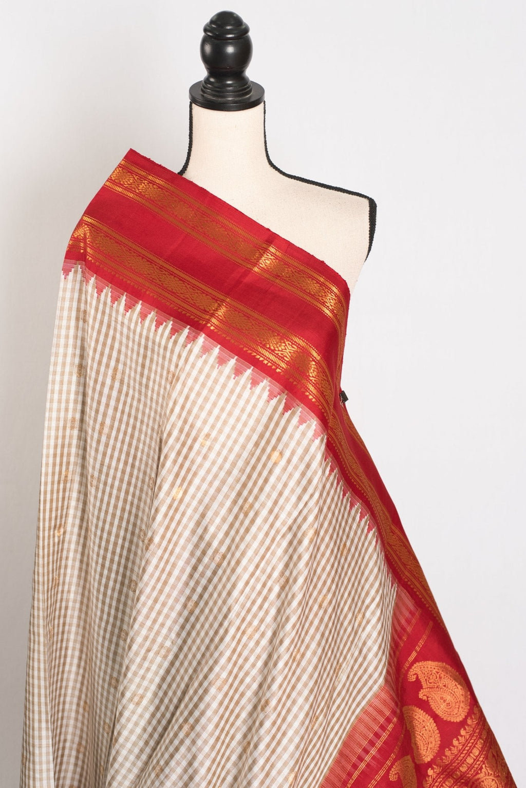 Mira: White and Brown Micro Checks Gadwal Silk Saree with Rich Red Zari Border