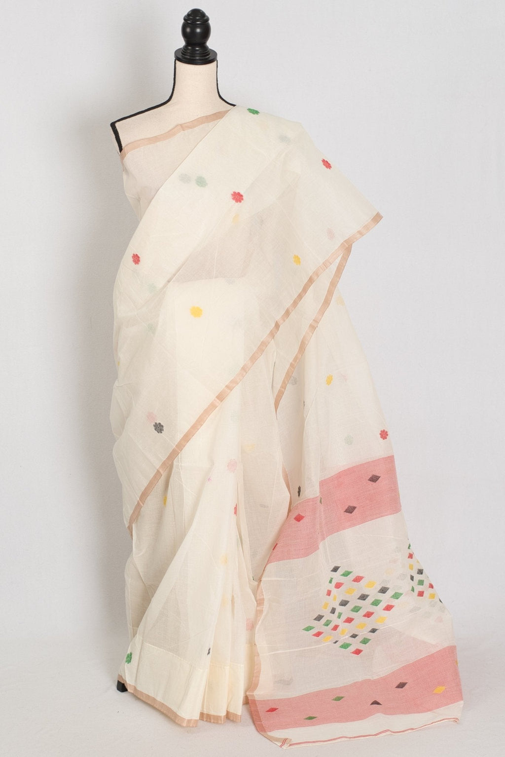Mita: Pristine Off-White Bengal Handloom Cotton Jamdani Saree