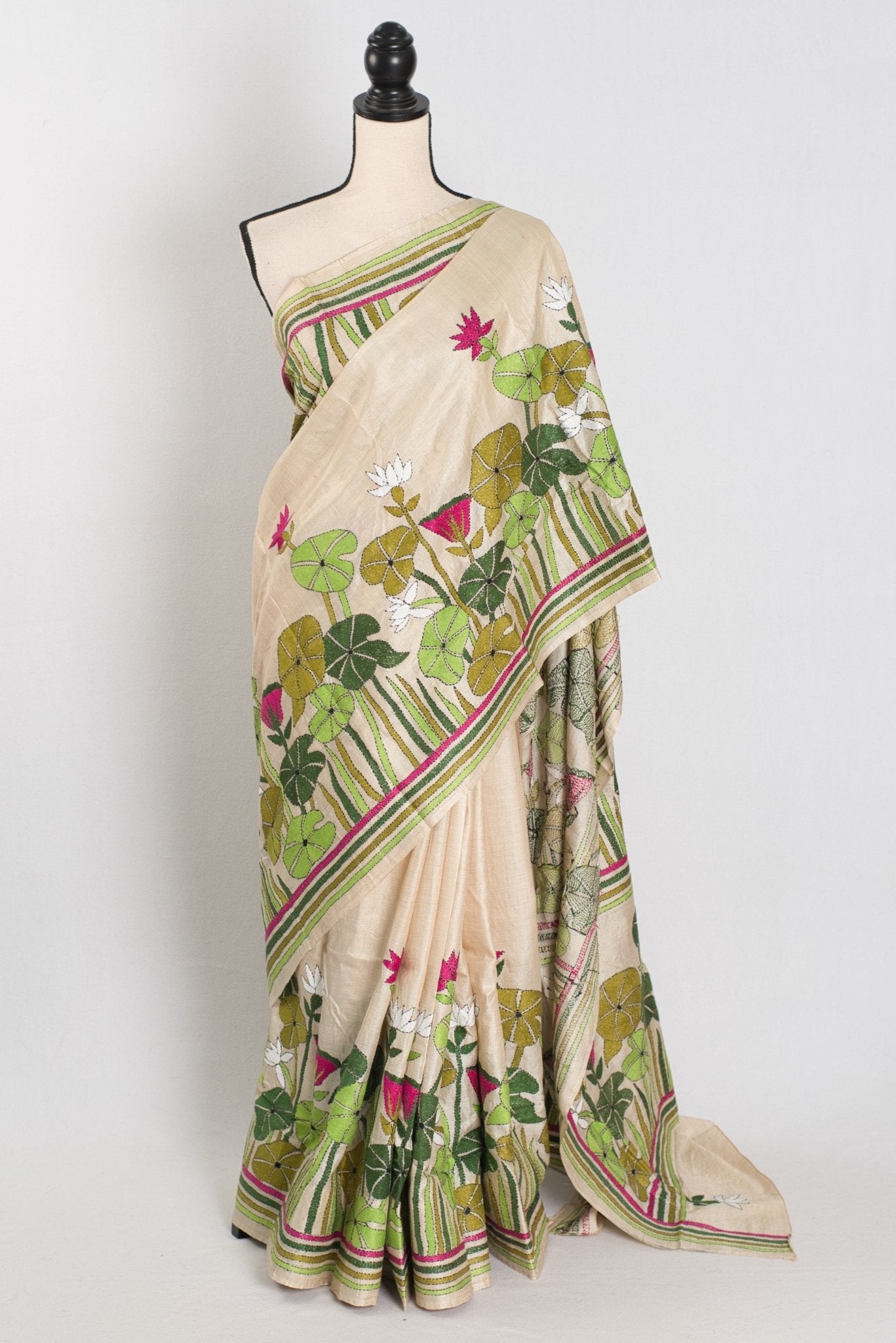 Mitra: Hand Embroidery Kantha Stitch Pure Gachi Tussar Silk Saree
