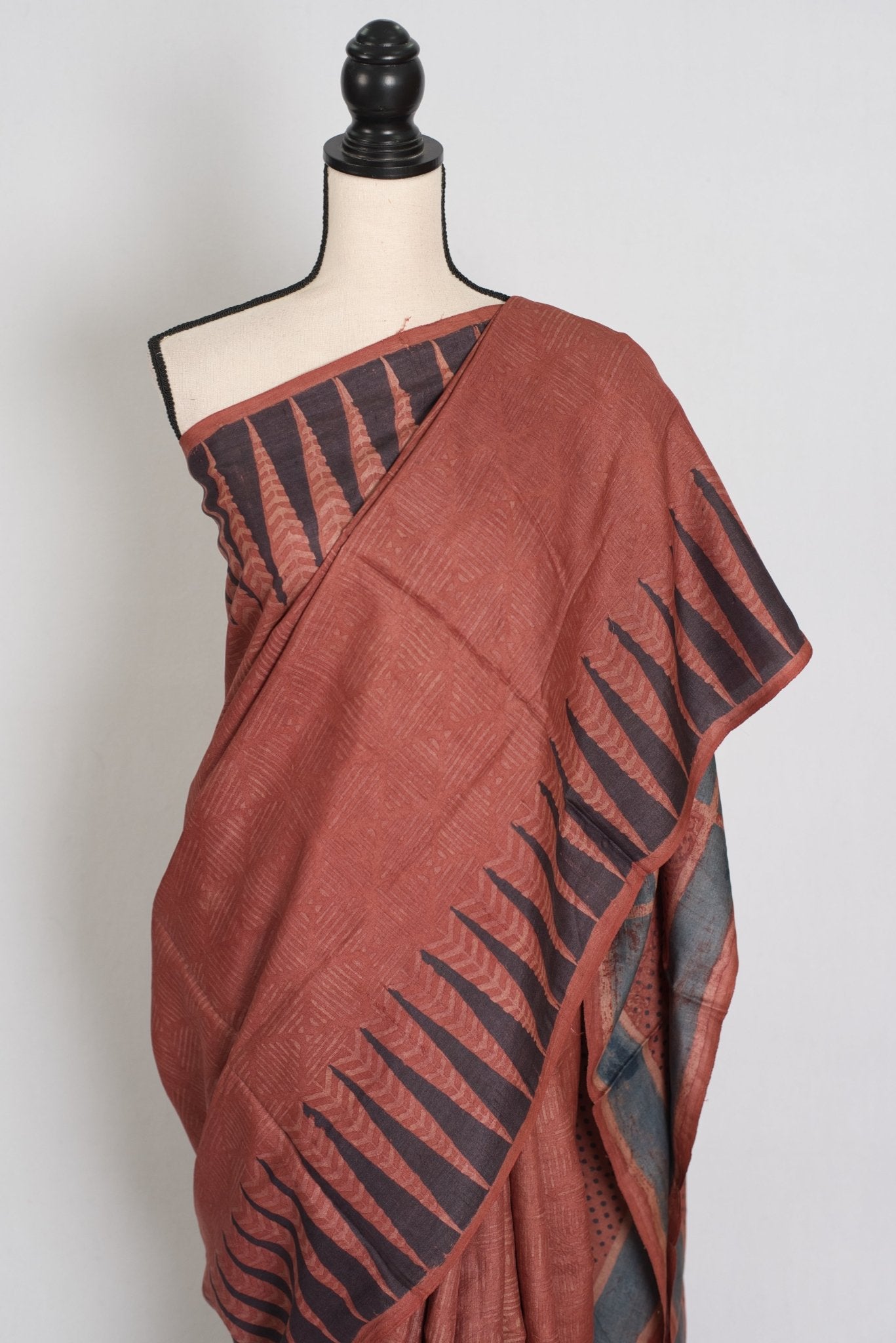 Mitra | Rust & Black Silk Mark Tussar Ajrakh Hand Block Print Saree