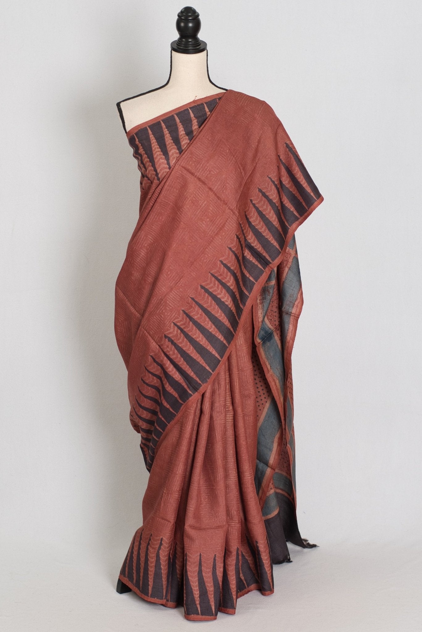 Mitra | Rust & Black Silk Mark Tussar Ajrakh Hand Block Print Saree