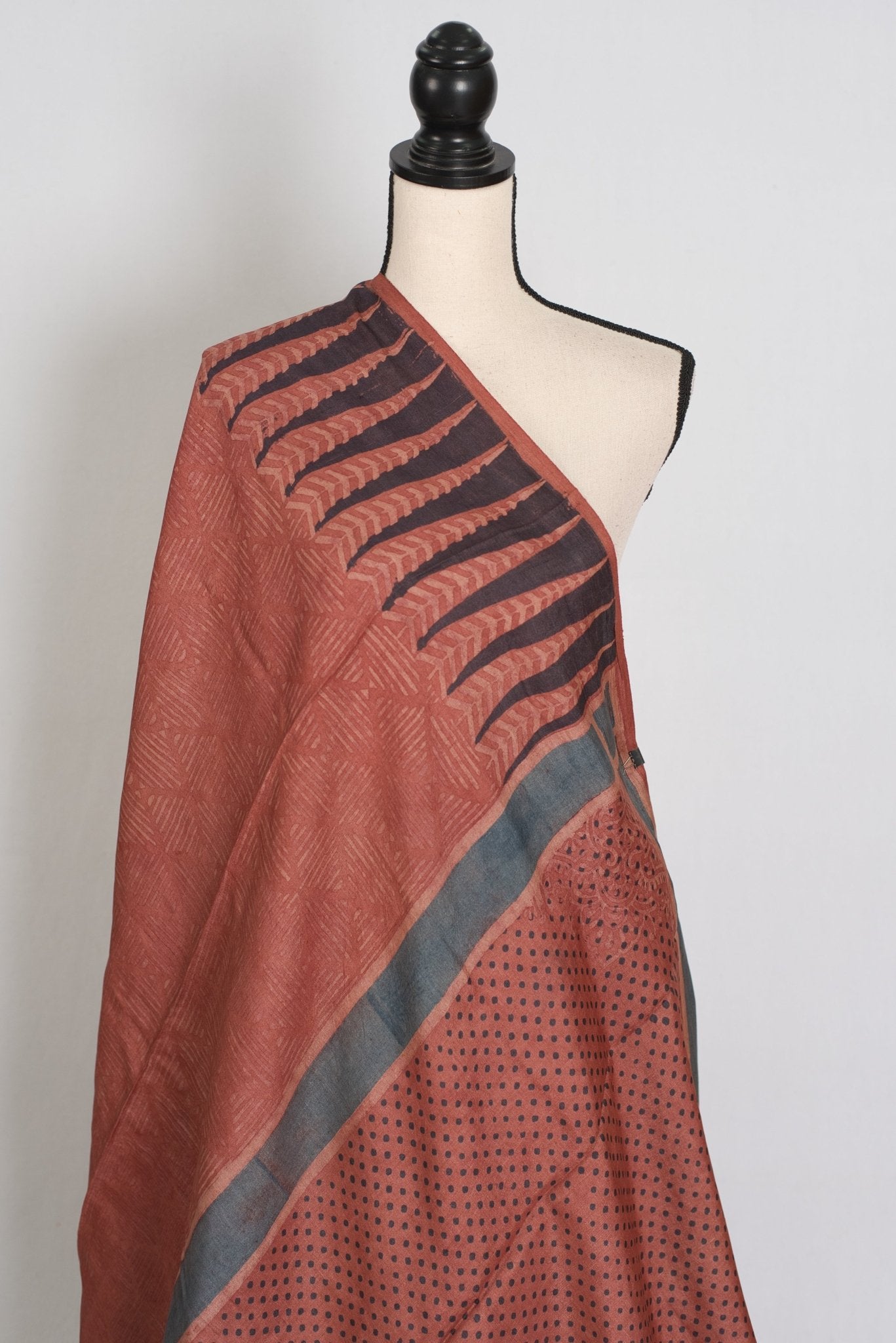 Mitra | Rust & Black Silk Mark Tussar Ajrakh Hand Block Print Saree