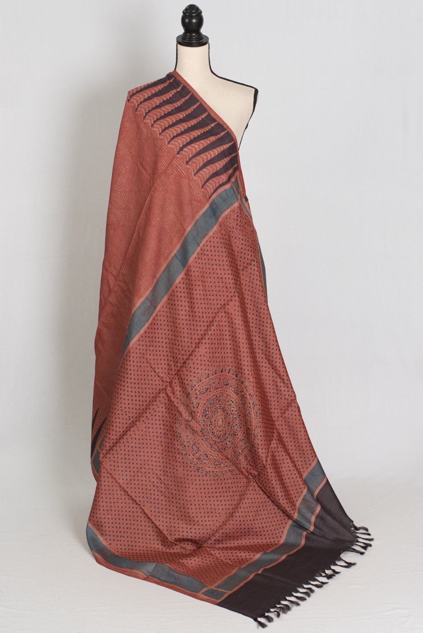 Mitra | Rust & Black Silk Mark Tussar Ajrakh Hand Block Print Saree