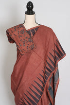 Mitra | Rust & Black Silk Mark Tussar Ajrakh Hand Block Print Saree
