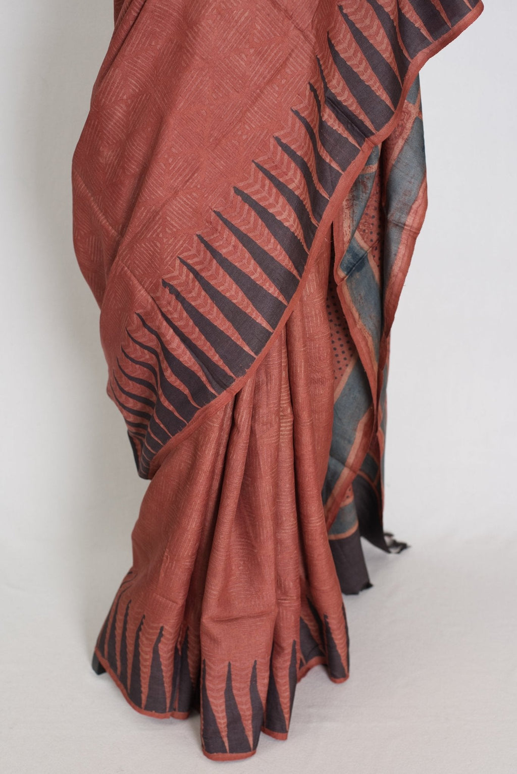 Mitra | Rust & Black Silk Mark Tussar Ajrakh Hand Block Print Saree