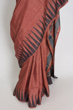 Mitra | Rust & Black Silk Mark Tussar Ajrakh Hand Block Print Saree