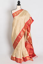 Mohini: Clay White & Coral Pink Kanjivaram Silk Saree | Silk Mark Certified